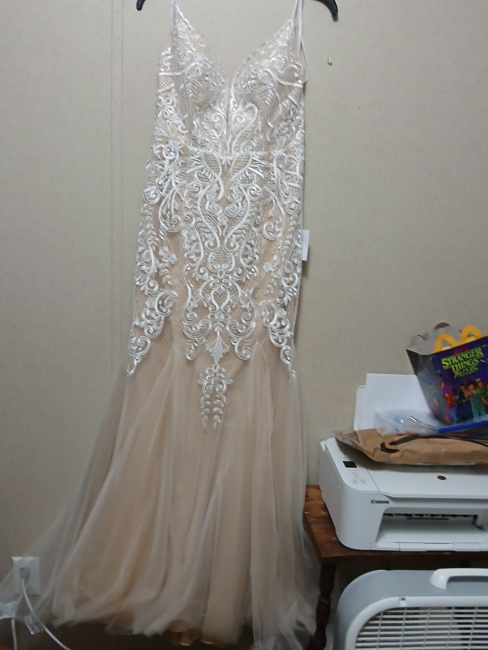 Lulu's Ivory Lace Appliqué Tulle Gown with Nude Underdress NEW